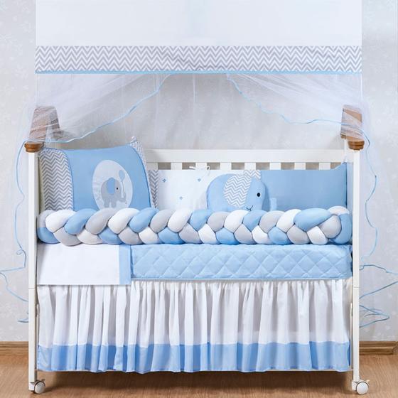 Imagem de kit berço menino 11 peças elefante trançado com saia azul claro