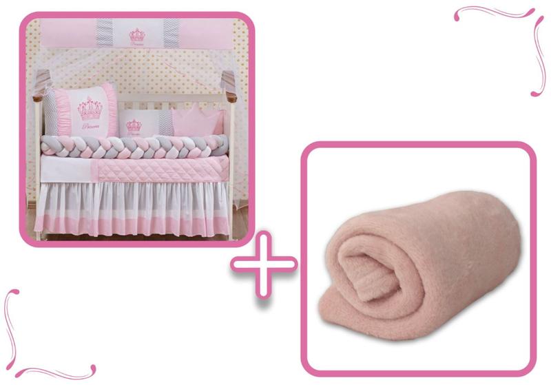 Imagem de Kit Berço Protetor Trança Bebe Conforto Coroa Princesa Rosa Imperial com Mantinha Soft 12 peças