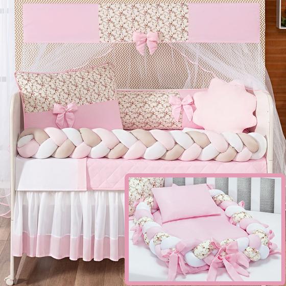 Imagem de Kit Berço Protetor Trança Completo Laço Menina Doce Baby Rosa + Ninho Trança 15 peças