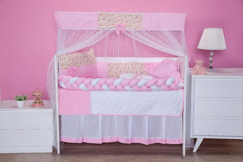 Imagem de Kit berço quarto do bebê padrão/americano completo 11 peças - menina - floral rosa