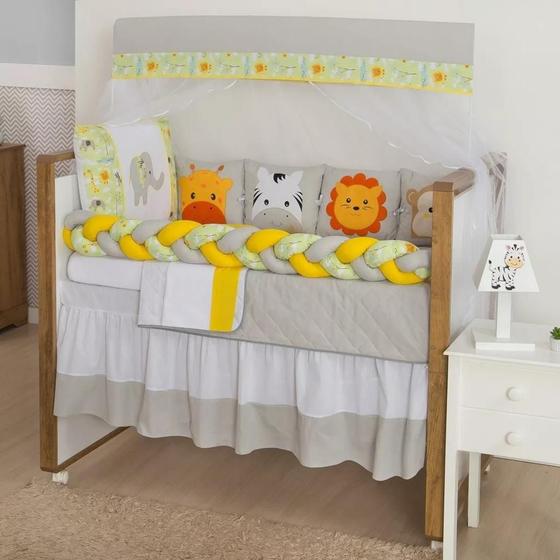 Imagem de Kit Berço Trança Safari Animais 11Pçs Enxoval Quarto Bebê Amarelo