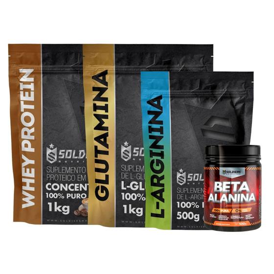 Kit: Beta Alanina 500g + Arginina 500g + Whey Protein Concentrado 1Kg + Glutamina 1Kg - 100% Importado - Soldiers Nutrit - Soldiers Nutrition Imagem de Kit: Beta Alanina 500g + Arginina 500g + Whey Protein Concentrado 1Kg + Glutamina 1Kg - 100% Importado - Soldiers Nutrit