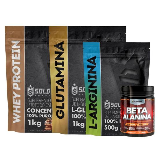 Kit: Beta Alanina 500g + Arginina 500g + Whey Protein Concentrado 1Kg + Glutamina 1Kg - 100% Importado - Soldiers Nutrit - Soldiers Nutrition Imagem de Kit: Beta Alanina 500g + Arginina 500g + Whey Protein Concentrado 1Kg + Glutamina 1Kg - 100% Importado - Soldiers Nutrit