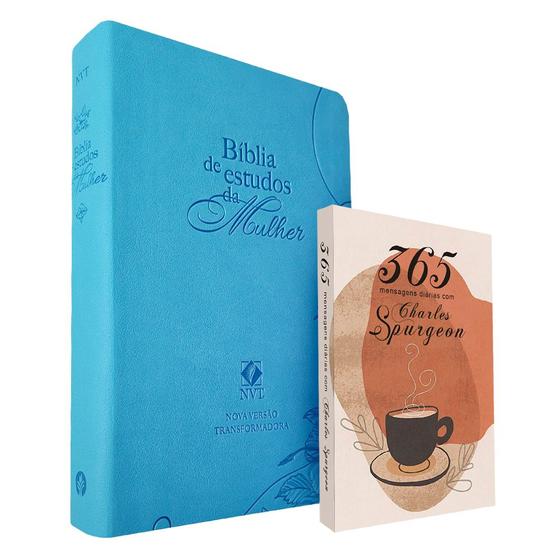 Imagem de Kit Bíblia de Estudos da Mulher NVT Azul Flores + Devocional Charles Spurgeon Café - Publicações Pão Diário