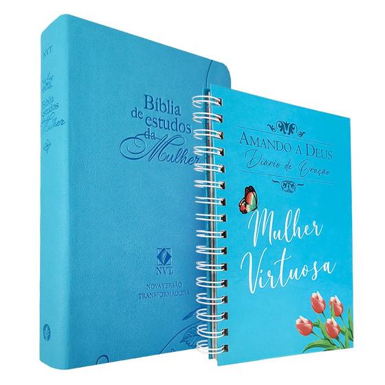 Imagem de Kit Bíblia de Estudos da Mulher NVT Azul Flores + Diário de Oração Mulher Virtuosa