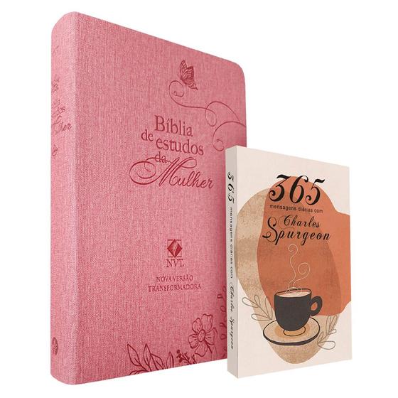 Imagem de Kit Bíblia de Estudos da Mulher NVT Rosa Flores + Devocional Charles Spurgeon Café