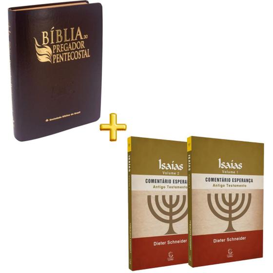 Imagem de KIT Bíblia do Pregador Pentecostal Tamanho Media com índice Versão ARC e Livro Comentário Esperança Isaías volume 1 e 2 - Evangélica Cristã Religião
