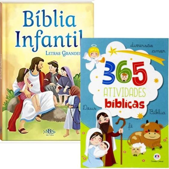 Imagem de Kit Bíblia Infantil  Letra Grande  Capa Dura Almofadada + Livro 365 Atividades Bíblicas  Ciranda Cultural  Crianças