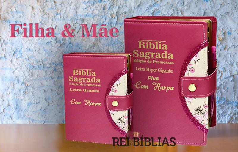 Imagem de Kit Bíblia Sagrada Botão - Filha & Mãe - C/ Harpa - Hipergigante 14x21cm + Grande 12x16cm