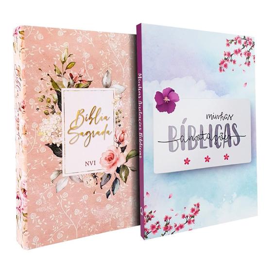 Imagem de Kit Bíblia Sagrada NVI Capa Dura Flores Rosa + Caderno Anotações Bíblicas Aquarela