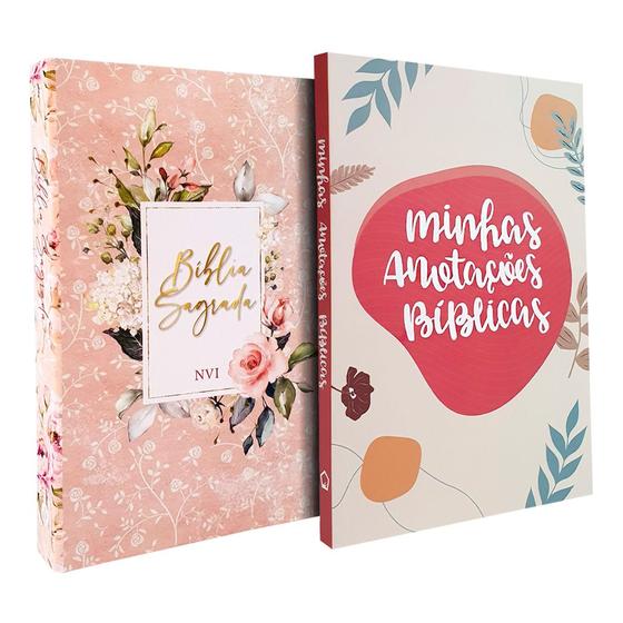 Imagem de Kit Bíblia Sagrada NVI Capa Dura Flores Rosa + Caderno Anotações Bíblicas Boho