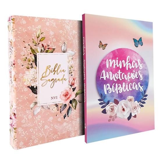 Imagem de Kit Bíblia Sagrada NVI Capa Dura Flores Rosa + Caderno Anotações Bíblicas Borboleta