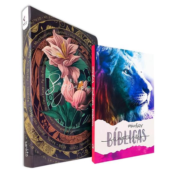 Imagem de Kit Bíblia Sagrada NVT Capa Flexível Floral + Minhas Anotações Bíblicas Leão Color