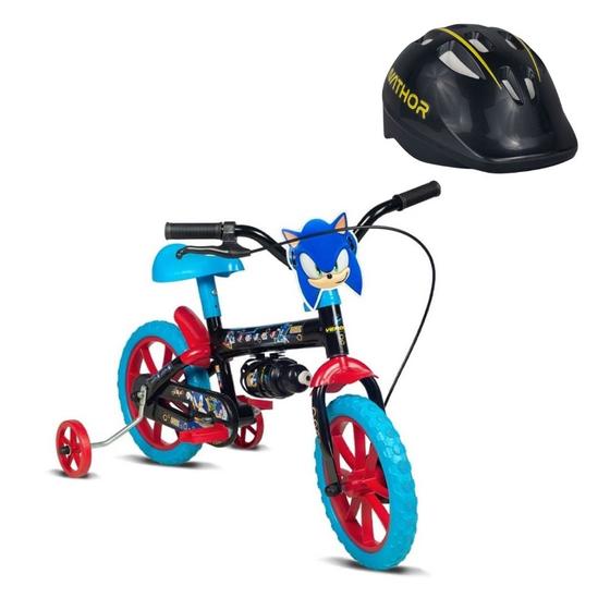 Imagem de Kit Bicicleta Infantil Sonic Aro 12 Preto e Azul e Capacete