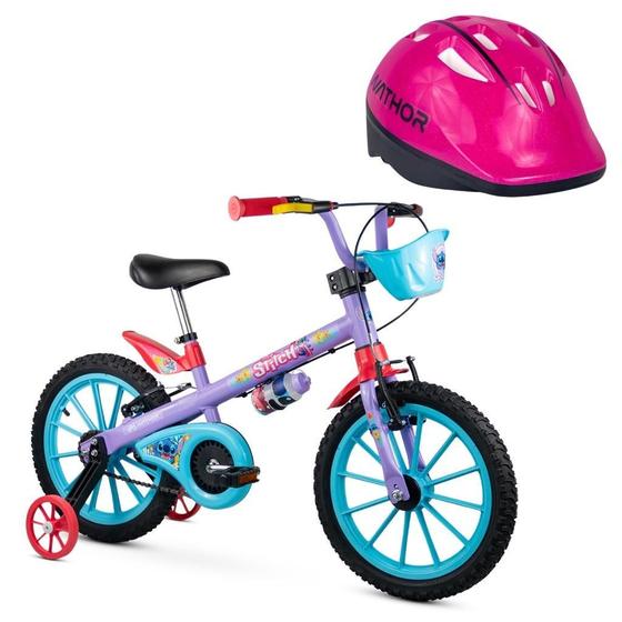 Imagem de Kit Bicicleta Infantil Stitch Aro 16 Com Rodinhas E Capacete