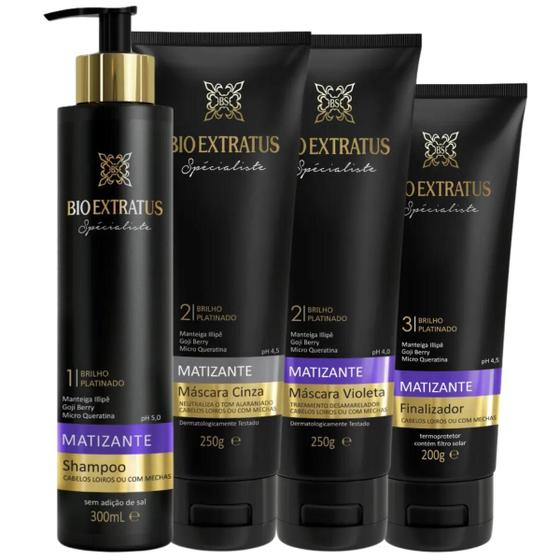 Imagem de Kit Bio Extratus Specialiste Matizante Shampoo 300 ml +  Máscara Violeta 250g +  Máscara Cinza 250g + Finalizador 200g