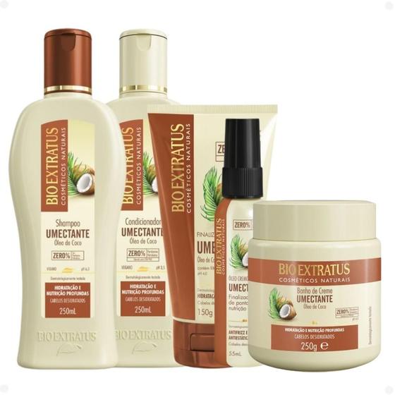 Imagem de Kit Bio Extratus Umectante Óleo de Coco: Shampoo 250ml, Condicionador 250ml, Banho de Creme 250g, Finalizador 150g e Óleo Cremoso de Coco 55ml