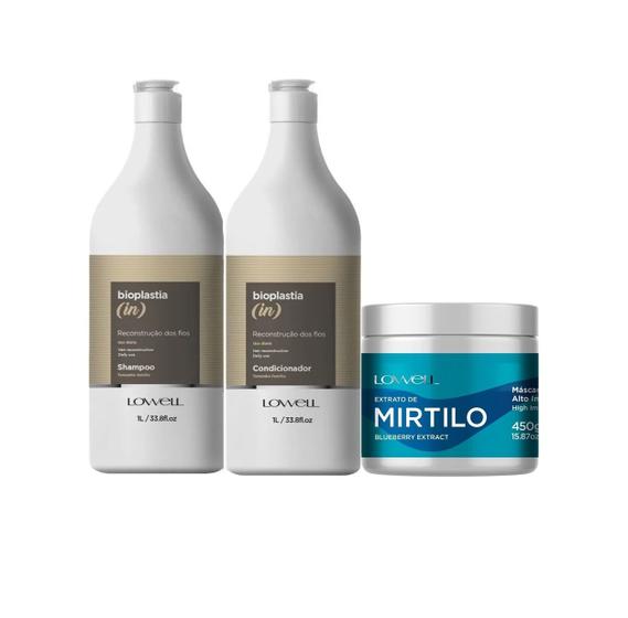 Imagem de Kit Bioplastia In Shampoo + Condicionador 1 Litro  + Máscara Mirtilo 450g Lowell 