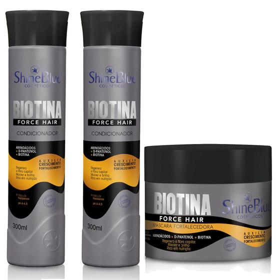 Imagem de Kit Biotina Shampoo Condicionador Mascara Capilar Fortalecedora Crescimento Regenera Cabelo Fraco Shine Blue