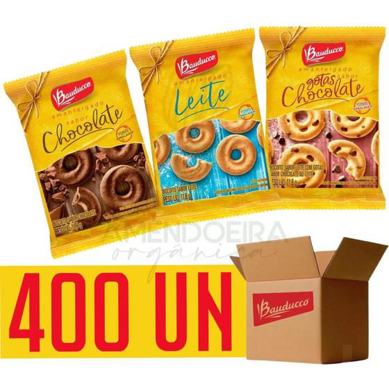 Imagem de Kit biscoito bauducco - chocolate+ gotas + leite - 400 unidades