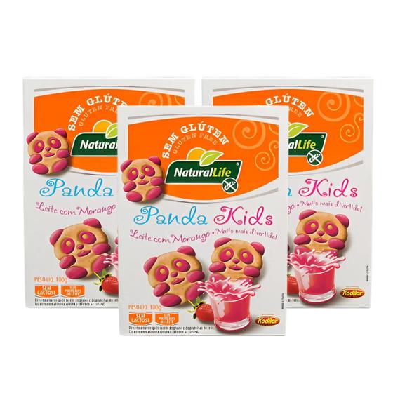 Imagem de Kit Biscoito Sem Lactose Leite com Morango - Panda Kids Natural Life 3 Unidades 100g