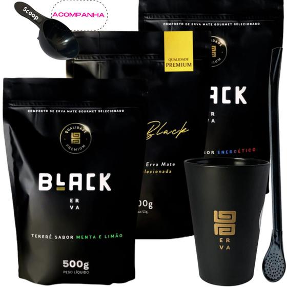 Imagem de Kit Black Erva Mate Tereré 3 Pacotes 500g cada + Copo Caldereta acrílico Preto + Bomba ClássicaPreta