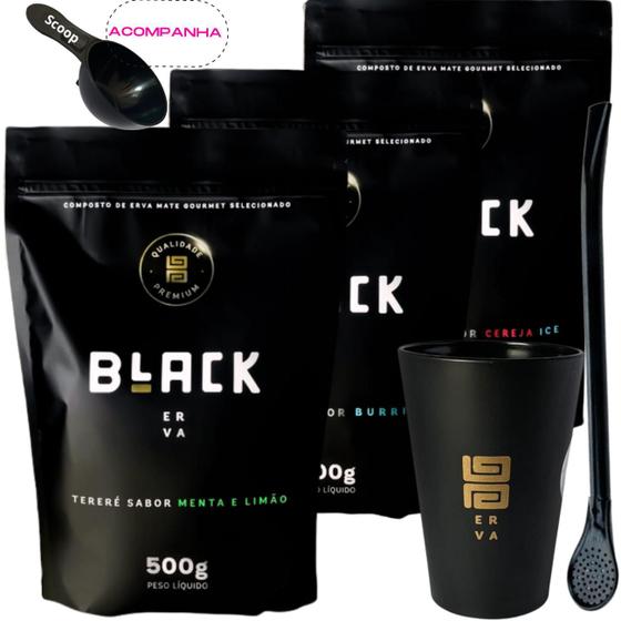 Imagem de Kit Black Erva Mate Tereré 3 Pacotes 500g cada + Copo Caldereta acrílico Preto + Bomba ClássicaPreta