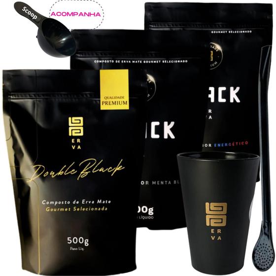 Imagem de Kit Black Erva Mate Tereré 3 Pacotes 500g cada + Copo Caldereta acrílico Preto + Bomba ClássicaPreta