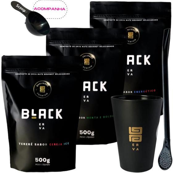 Imagem de Kit Black Erva Mate Tereré 3 Pacotes 500g cada + Copo Caldereta acrílico Preto + Bomba ClássicaPreta