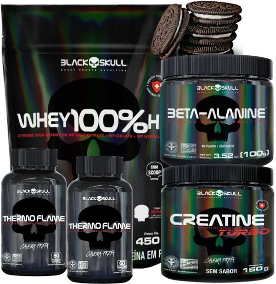 Imagem de Kit Black Skull: Whey 100% hd Refil 900g + 2x Cafeína Thermo Flame 60 tabs + Beta Alanina 100g + Creatina Turbo 150g