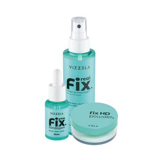 Imagem de Kit Blindagem Gotas Fix + Real Fix + Pó Solto Facial Fixador Vizzela