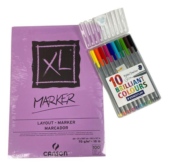 Imagem de Kit Bloco Liso Para Desenho + Caneta Fineliner 10 Cores