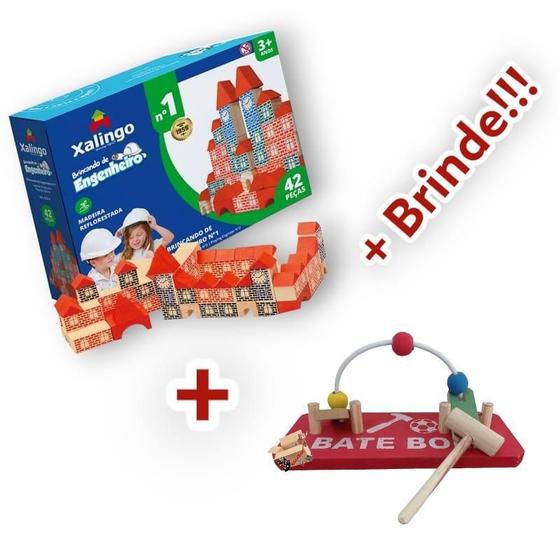 Imagem de Kit Blocos Engenheiro + Brinquedo Pedagógico Madeira + Brind