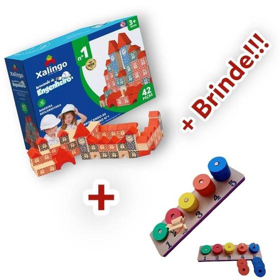 Imagem de Kit Blocos Engenheiro + Brinquedo Pedagógico Madeira + Brind