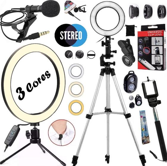 Imagem de Kit Blogueiro Completo Luz Anel Iluminador Ring Light Filmagem no Celular Tripé Selfie Makeup Vlog Gravação Profissional