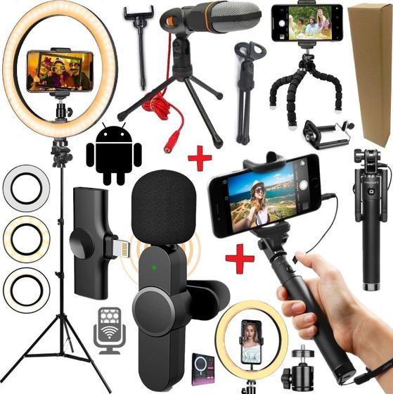 Imagem de Kit Blogueiro Tripé Microfone Lapela Sem Fio Tipo C Filmagem no Celular Android Bastão Selfie + Luz Led Ring Light Vídeo