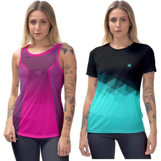 Imagem de Kit Blusa Camiseta academia feminina Regata fitness estampada Beach Tennis