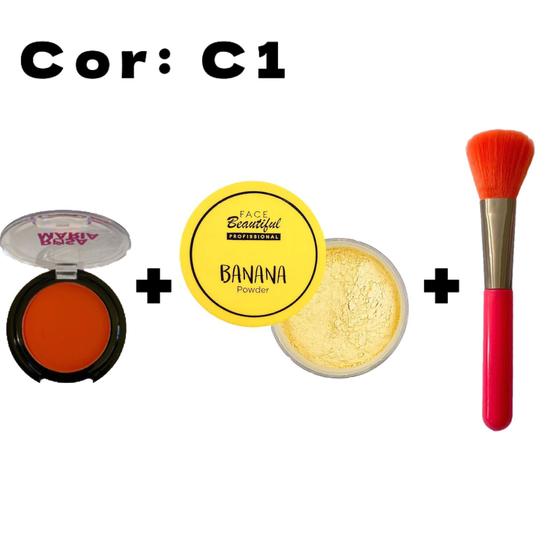 Imagem de Kit Blush Compacto Alto Pigmentação e Fixação Rosa Maria + Pó Banana Translúcido Powder + Pincel para Make