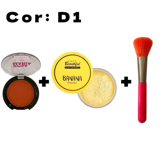 Imagem de Kit Blush Compacto Alto Pigmentação  Rosa Maria + Pó Banana Translúcido Powder + Pincel para Make