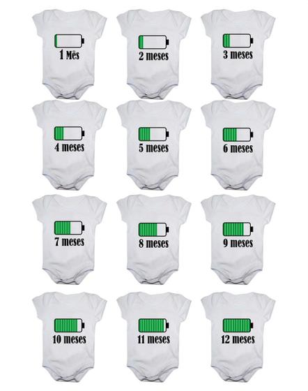 Imagem de Kit body bebê mesversario manga curta bateria carregando 12 bodies 1 a 12 meses