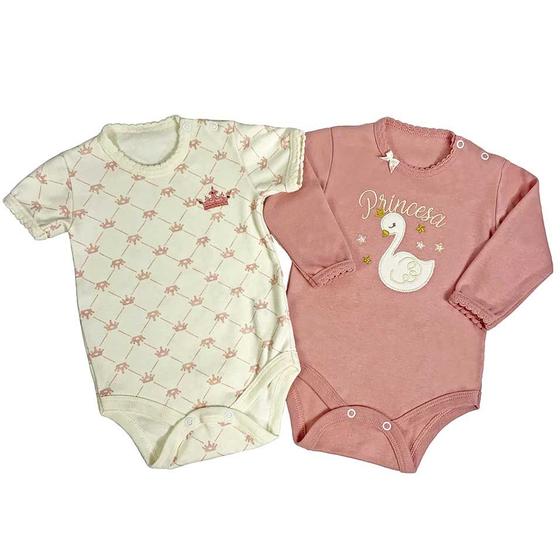 Imagem de Kit body longo bebê rosa bordado princesa e body curto cru estampado e bordado coroa - 2 peças