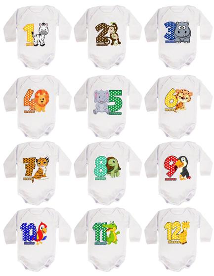 Imagem de Kit Body Mesversario Manga Longa Safari 12 Bodies de Bebê