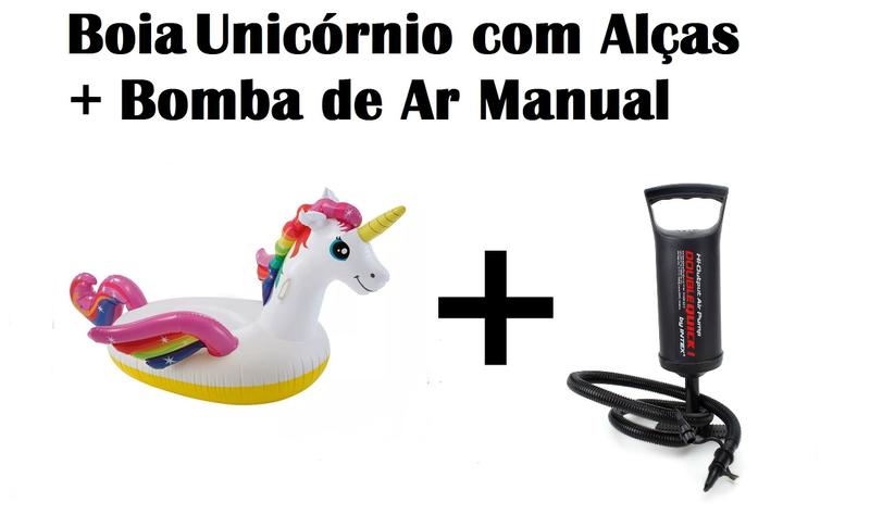 Imagem de Kit Boia Bote Unicórnio com Alças + Bomba de Ar Manual