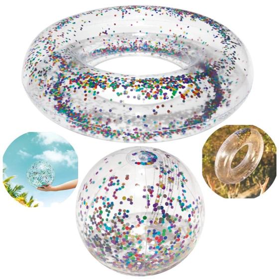Imagem de Kit Boia Inflavel com Glitter 80 Cm + Bola Inflavel com Glitter Mor