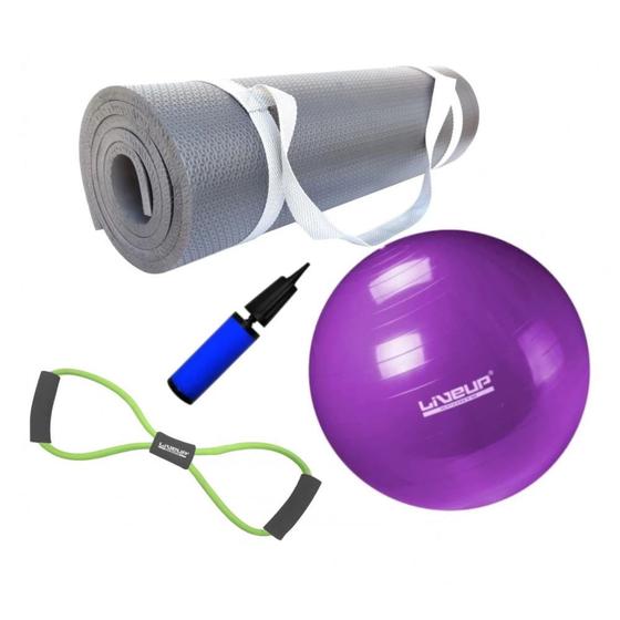 Imagem de Kit Bola 55cm Pilates + Colchonete 1m Eva Preto + Extensor em Oito Tensao Media  Mandiali 