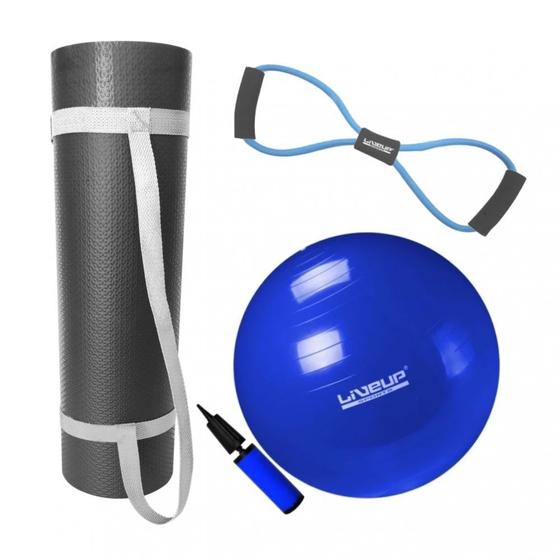 Imagem de Kit Bola 65cm Pilates + Colchonete Eva 1m Preto Eva + Extensor em Oito Forte  Mandiali 