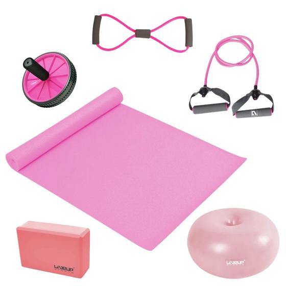 Imagem de Kit Bola Donut 45cm + Elastico Leve com Alcas + Elastico 8 Leve + Colchonete + Bloco de Apoio + Roda Abdominal Rosa Liveup Sports