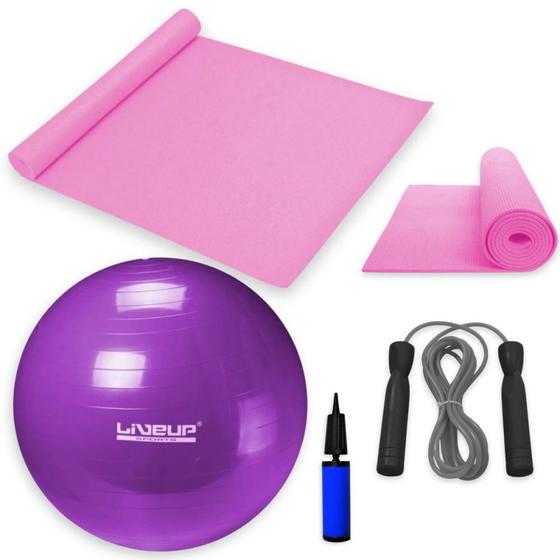 Imagem de Kit Bola Pilates 55 Cm + Colchonete Eva Rosa Pilates + Corda de Pular com Rolamento + Mini Bomba  Liveup Sports 