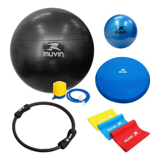 Imagem de Kit Bola Pilates 65cm + Overball + Balance Cushion + Anel de Pilates + Faixa Elástica 3 Tensões Muvin