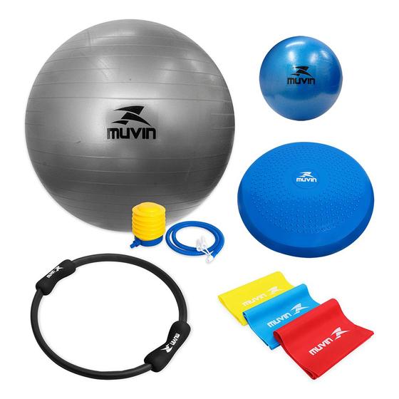 Imagem de Kit Bola Pilates 65cm + Overball + Balance Cushion + Anel de Pilates + Faixa Elástica 3 Tensões Muvin